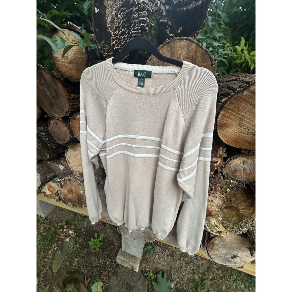 R.A.G. Sweater Cotton Beige Striped Raglan 90s Sporty Preppy Aesthetic L